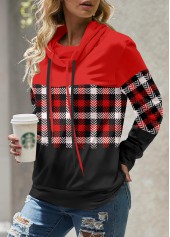 Red Patchwork Plaid Long Sleeve Cowl Neck Sweatshirt