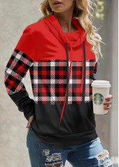 Red Patchwork Plaid Long Sleeve Cowl Neck Sweatshirt | thumb picture 