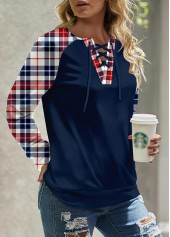 Plus Size Navy Patchwork Plaid Long Sleeve Sweatshirt | thumb picture 
