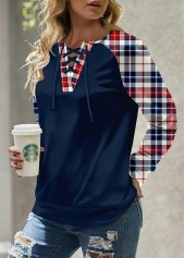 Plus Size Navy Patchwork Plaid Long Sleeve Sweatshirt