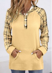 Plus Size Light Yellow Patchwork Plaid Long Sleeve Hoodie