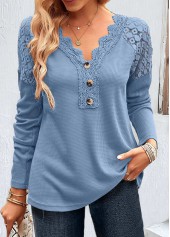 Plus Size Dusty Blue Lace Long Sleeve T Shirt