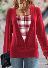 Red Fake 2in1 Plaid Long Sleeve Square Neck Sweatshirt