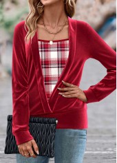 Red Fake 2in1 Plaid Long Sleeve Square Neck Sweatshirt | thumb picture 
