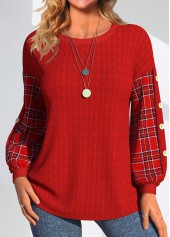 Red Button Plaid Long Sleeve Round Neck Sweatshirt