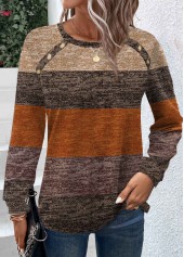 Plus Size Dark Camel Button Striped T Shirt | thumb picture 