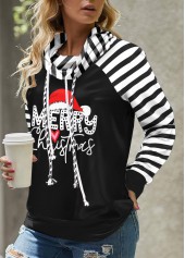Black Patchwork Striped Long Sleeve Cowl Neck Sweatshirt