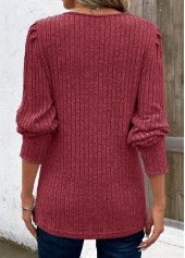 Wine Red Patchwork Long Sleeve V Neck T Shirt | thumb picture 
