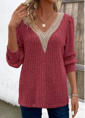 Wine Red Patchwork Long Sleeve V Neck T Shirt