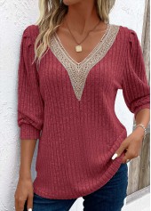 Wine Red Patchwork Long Sleeve V Neck T Shirt | thumb picture 