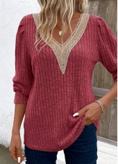 Wine Red Patchwork Long Sleeve V Neck T Shirt | thumb picture 