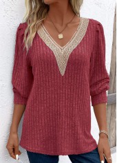 Wine Red Patchwork Long Sleeve V Neck T Shirt | thumb picture 