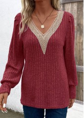 Wine Red Patchwork Long Sleeve V Neck T Shirt | thumb picture 