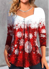 Wine Red Button Snowflake Print Long Sleeve T Shirt