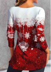 Wine Red Button Snowflake Print Long Sleeve T Shirt