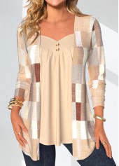 Skin Color Patchwork Geometric Print Fake Two Piece Twinset