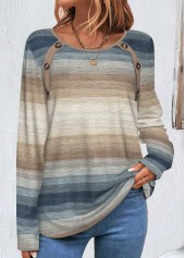 Multi Color Button Striped Long Sleeve T Shirt
