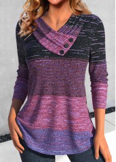 Dark Reddish Purple Button Striped Long Sleeve T Shirt | thumb picture 