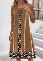 Light Coffee Fake 2in1 Leopard A Line Dress
