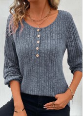 Dusty Blue Button Long Sleeve Round Neck T Shirt