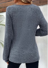 Dusty Blue Button Long Sleeve Round Neck T Shirt