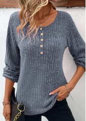 Dusty Blue Button Long Sleeve Round Neck T Shirt