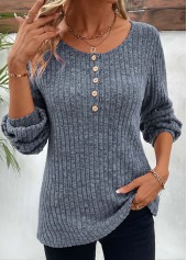 Dusty Blue Button Long Sleeve Round Neck T Shirt