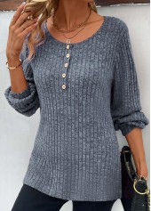 Dusty Blue Button Long Sleeve Round Neck T Shirt