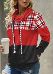 Red Patchwork Plaid Long Sleeve Cowl Neck Sweatshirt