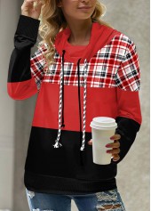 Red Patchwork Plaid Long Sleeve Cowl Neck Sweatshirt | thumb picture 