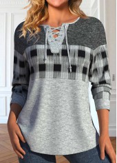Light Grey Marl Lace Up Plaid T Shirt