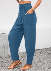 Peacock Blue Pocket Elastic Waist High Waisted Pants | thumb picture 