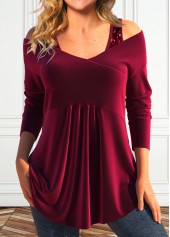 Wine Red Sequin Long Sleeve V Neck T Shirt