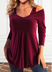 Wine Red Sequin Long Sleeve V Neck T Shirt | thumb picture 