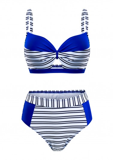 Modlily Stripe Print Royal Blue Contrast Bikini Set - XXL
