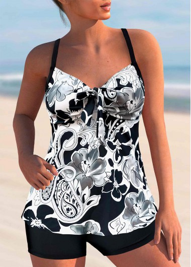 women clothes image of Paisley Print White Bowknot Tankini Set
