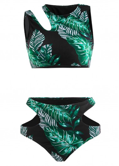 Modlily Cut Out Mid Waisted Leaf Print Black Bikini Set - M