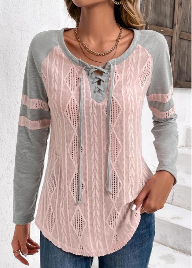women clothes image of Plus Size Light Pink Twisted Long Sleeve T Shirt