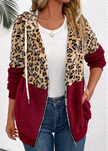 Modlily Wine Red Patchwork Leopard Long Sleeve Hooded Coat - M