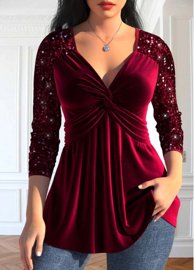 Modlily Wine Red Sequin Long Sleeve V Neck T Shirt - L