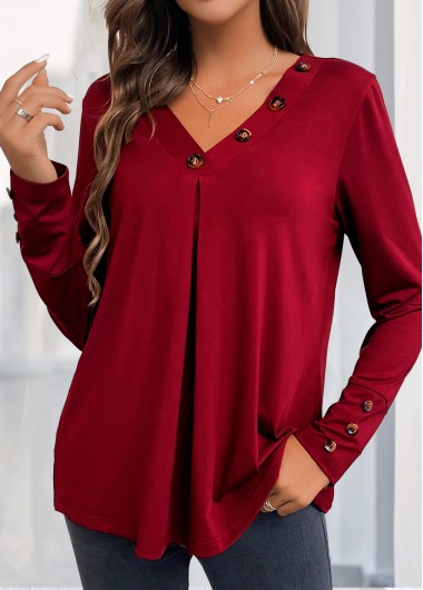 Modlily Wine Red Button Long Sleeve V Neck Blouse - M
