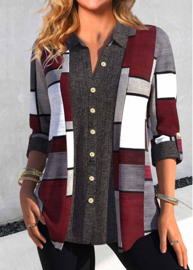 women clothes image of Plus Size Dark Grey Button Geometric Print Blouse