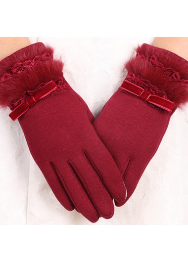 Modlily Wine Red Bowknot Wrist Warming Full Finger Gloves - One Size