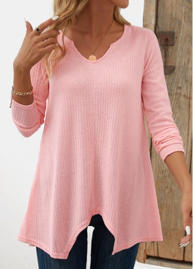 Modlily Light Pink Asymmetry Long Sleeve Split Neck T Shirt - S
