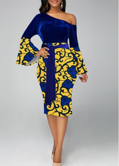 Modlily Dark Blue Asymmetry Tribal Print Belted Bodycon Dress - XXL