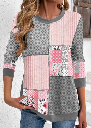 Modlily Plus Size Light Pink Patchwork Geometric Print Sweatshirt - 1X