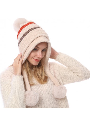 Modlily Beige Striped Plush Geometric Knitted Hat - One Size