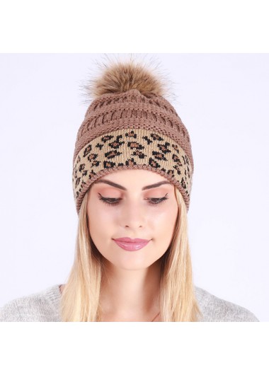 Modlily Light Coffee Puff Ball Leopard Beanie Hat - One Size