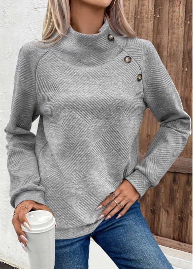 Modlily Grey Button Long Sleeve Turtleneck Sweatshirt - XL