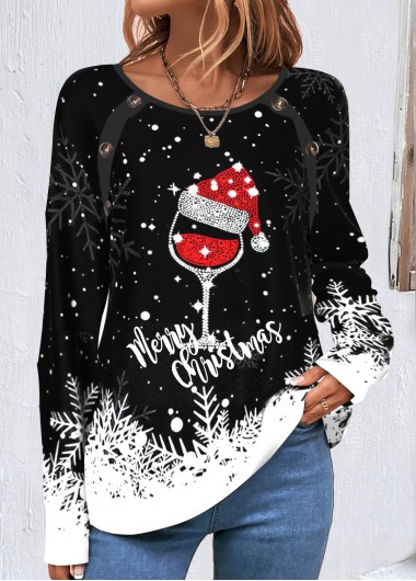 Modlily Black Button Christmas Print Long Sleeve Round Neck Sweatshirt - XL